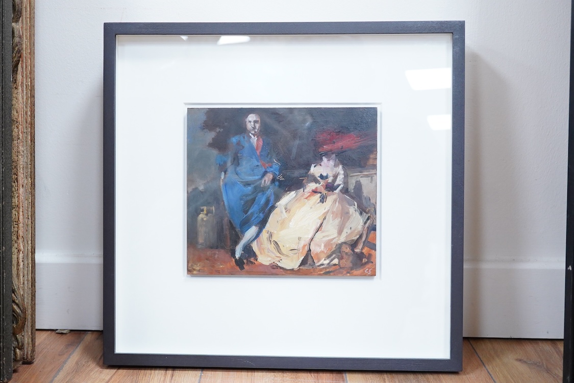 Charlotte Snook (contemporary), ‘The Gold Chasers’, signed with initials, St Anne’s Gallery label verso, oil on board, 18 x 21cm